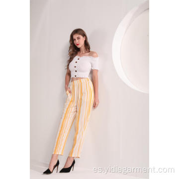 Pantalones de verano de viscosa de rayas amarillas
